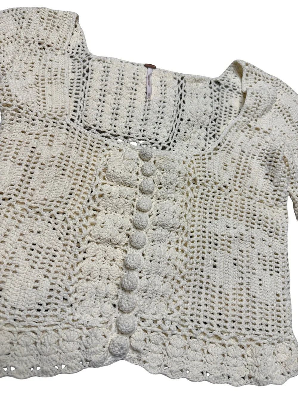 🤍 Free People‎ Bahamas Crochet Top XS Ivory Boho Cropped Knit Blouse 🤍